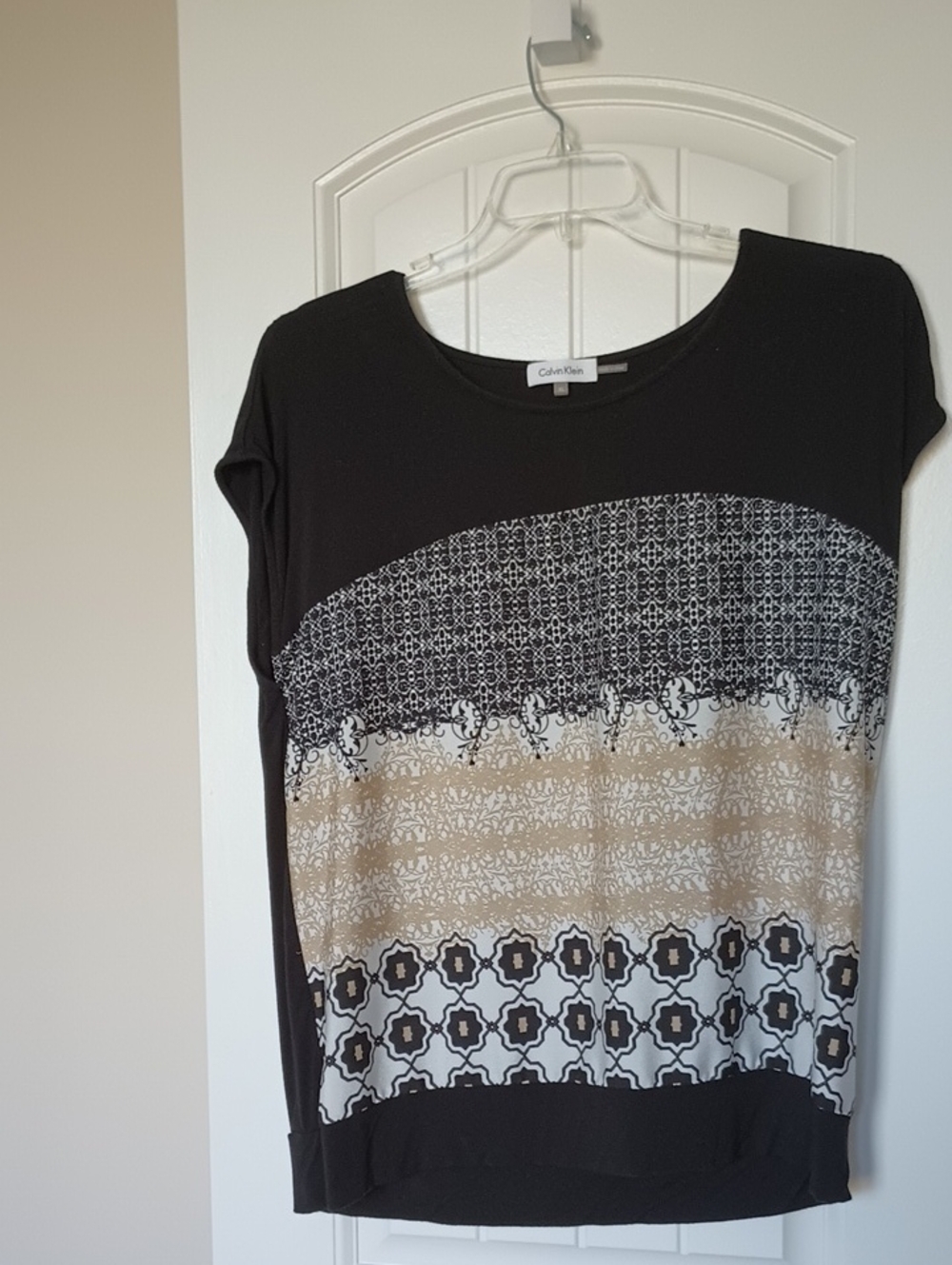 Calvin Klein Black Short Sleeve Tee with Beige and White Patterned Panel